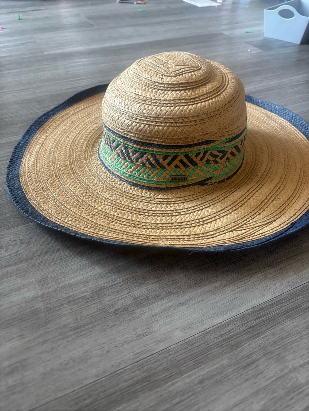 pistil Tan Straw Sun Hat with Green and Navy Trim